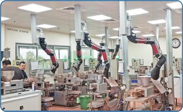 Industrial suction arm system, model EP, that vacuums dust and directs it to an external filtration system