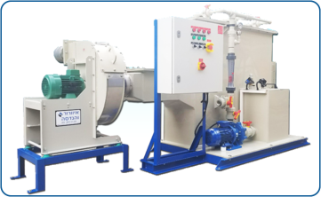 Horizontal scrubber for treating acidic vapors, including full electrical panel and control system