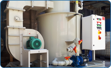 Scrubber system for efficiently absorbing acid vapors, including a centrifugal blower for high pressure, made of polypropylene