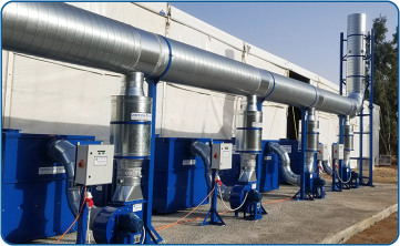 VOC filtration system in industry using activated carbon and a blower