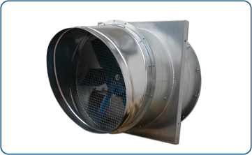 AXWDS-750 model blower for smoke extraction in a galvanized structure with rain protection and wall mounting plate