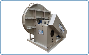 High-pressure radial plastic blower, model PPR28, belt-driven with a 60 HP engine for a pressure of 6000 Pascals, including a crash guard made of fiberglass.