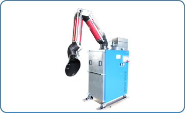 Mobile particle filtration and suction system, model DK, including cartridge filters with automatic compressed air cleaning, HEPA filter, and a suction arm up to 4 meters long