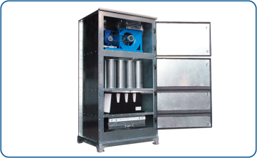 AFCU-16 air purification unit in a vertical configuration with an integral fan, including dust filters and activated carbon cartridges