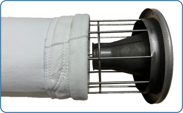 Bag filter with a spring ring fitted onto a support cage with venturi